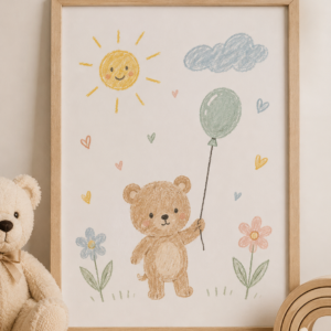 Affiche illustrée personnalisée créée à partir d'un dessin d'enfant et destinée à la décoration d'une chambre d'enfant.
