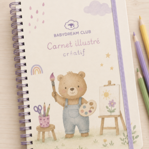 Carnet illustré créatif pour enfant BabyDream Club avec couverture personnalisée inspirée des activités artistiques et créatives.