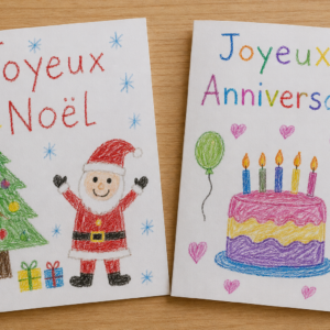 Carte de vœux personnalisée illustrée par les créations d’enfants pour Noël, anniversaire ou autres occasions spéciales.